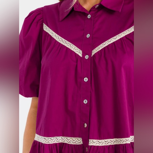 075 • Crochet Trapeze Dress | Cotton Baby Doll Puff Sleeve Tiered Magenta Dress - Picture 3 of 4